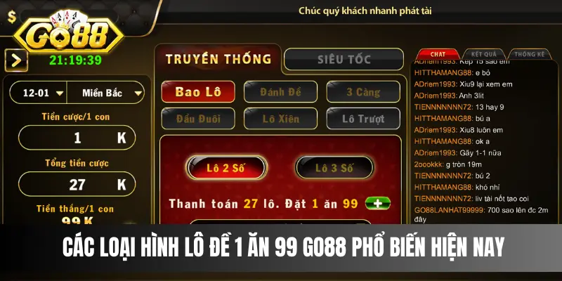 Các loại hình Lô Đề 1 ăn 99 Go88 phổ biến hiện nay